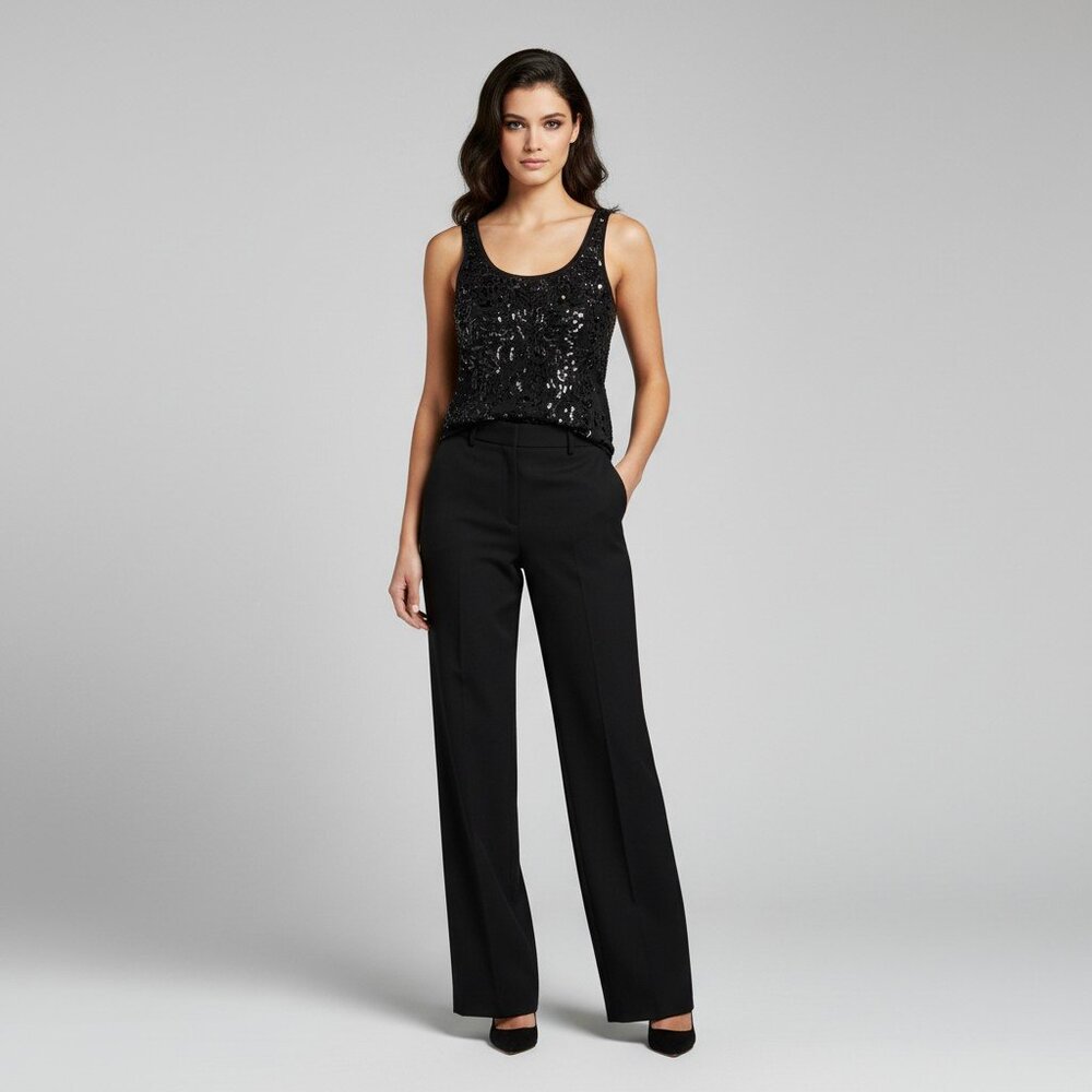 Rebellion Shimmy Sequin Front Tank Top Wmn's Sz L Black Stretch Knit Scoop Neck - Picture 3 of 11